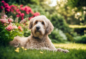 Hund erholt sich im Garten neben Rosen auf dem Rasen