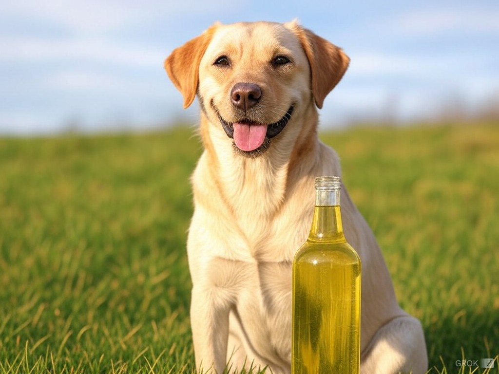 Hund neben Lachsöl in der Flasche